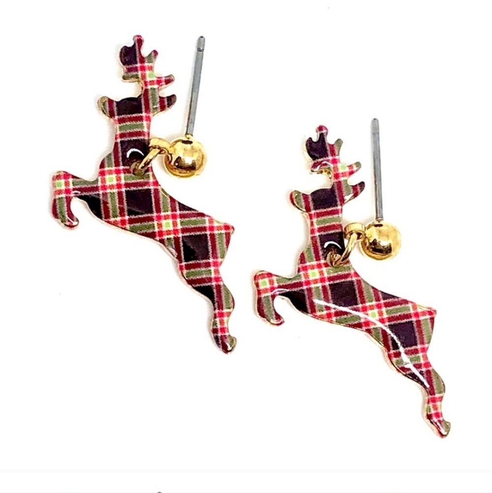 Christmas Winter Holiday Plaid Reindeer Dangle Gold Tone Earrings